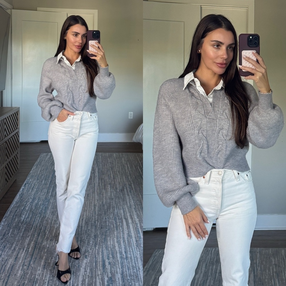 Gray Cable Knit Sweater with White Collar